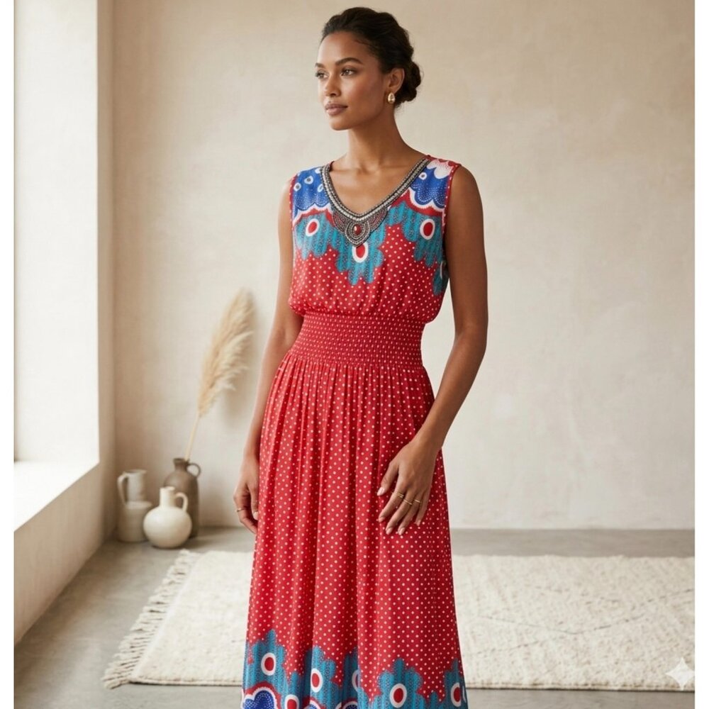 Sleeveless Red & Blue Maxi Dress size M With Polka Dot & Floral Print Smocked Wa
